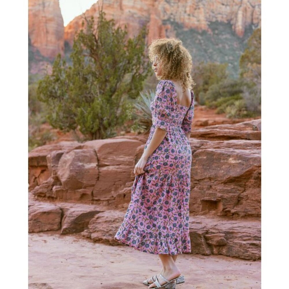 Eddy Barbara Square Neck 100% BCI Cotton Dress Pale Magenta & Indigo Floral 16 - Picture 5 of 9